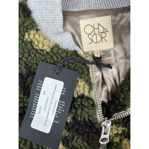 Chaser Camo Faux Fur Teddy Bomber Jacket Women's S Zip Up Sherpa Cozy - Picture 2 of 8